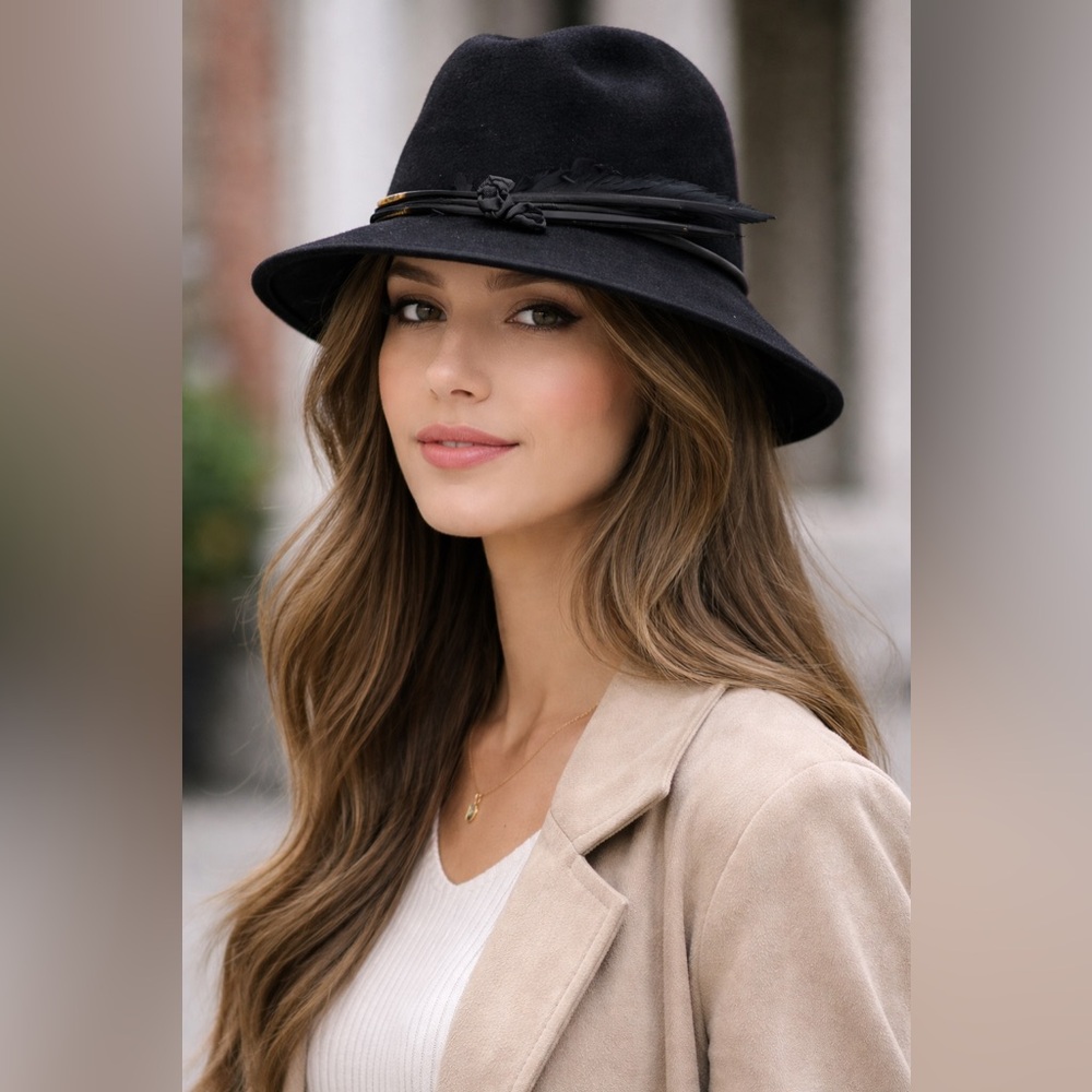 John Frederics Vintage Black Fedora with Feather Accent